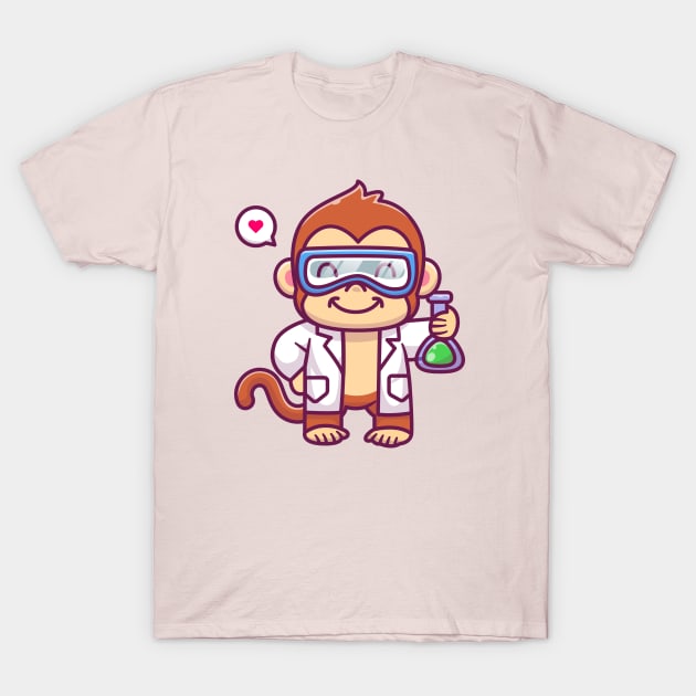 Cute Monkey Scientist Holding Chemical Liquid Cartoon T-Shirt by Catalyst Labs